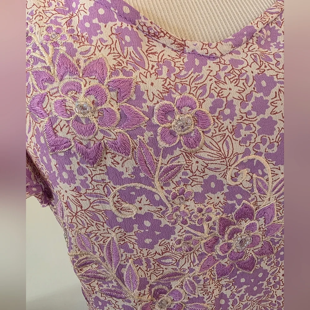 April Cornell Size Large Lavender Floral Embroidered Maxi Dress Flutter Sleeve - Picture 4 of 12